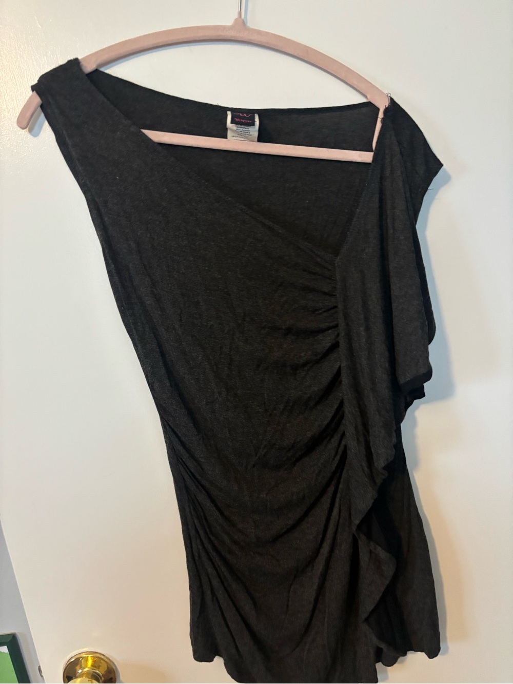 Flirty Feminine Soft Girl Wrapper Dark Gray One-Shoulder Ruched Draped Blouse
